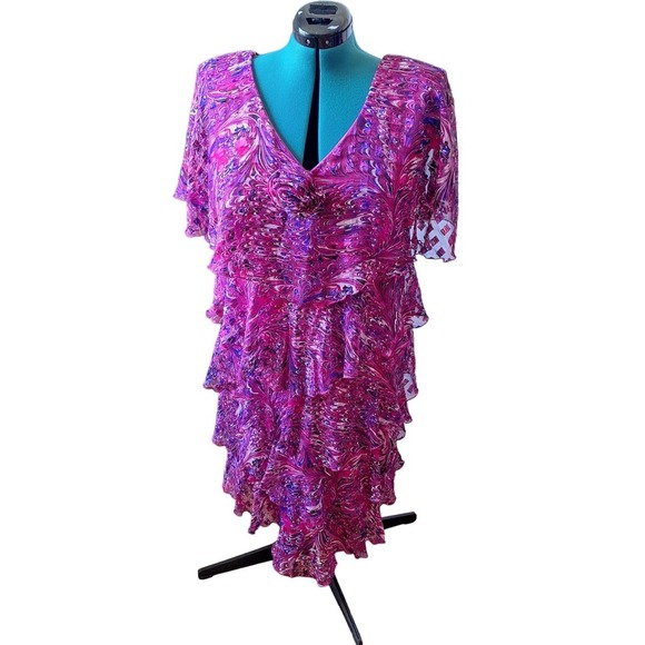 Vintage 70s/80s Hot Pink/Purple Swirl Ruffled Flutter Sleeve Dress Women Size L - Picture 2 of 10